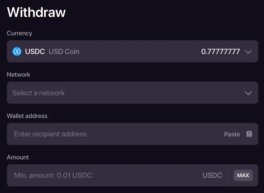 CHEXX withdrawal form showing crypto currency, network and wallet address fields