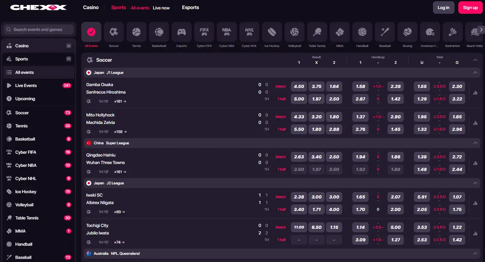 CHEXX sportsbook and esports betting interface