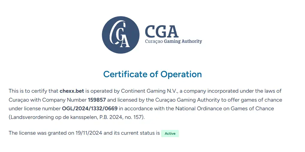 CHEXX Curaçao Gaming Authority licence certificate