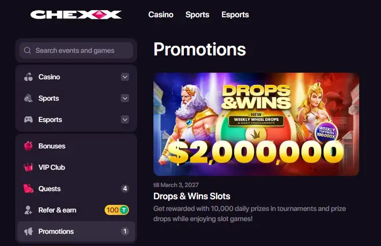 CHEXX bonuses and promotions interface