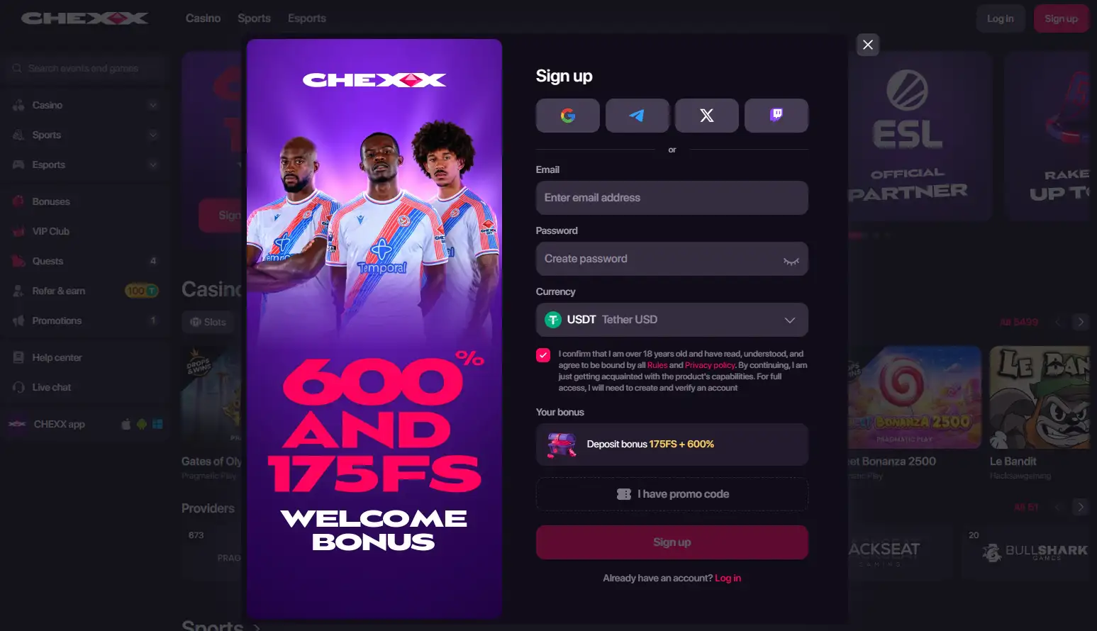 CHEXX registration screen with account creation options