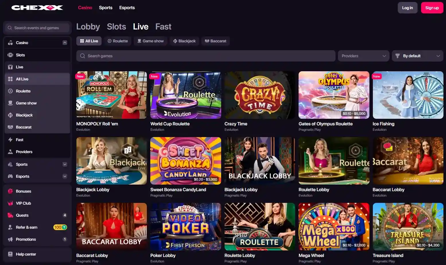 CHEXX live casino lobby with dealer tables and category navigation
