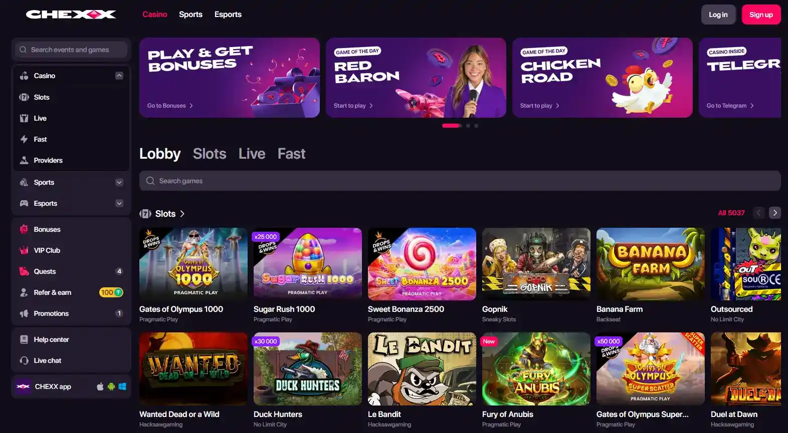 CHEXX casino game lobby with category navigation