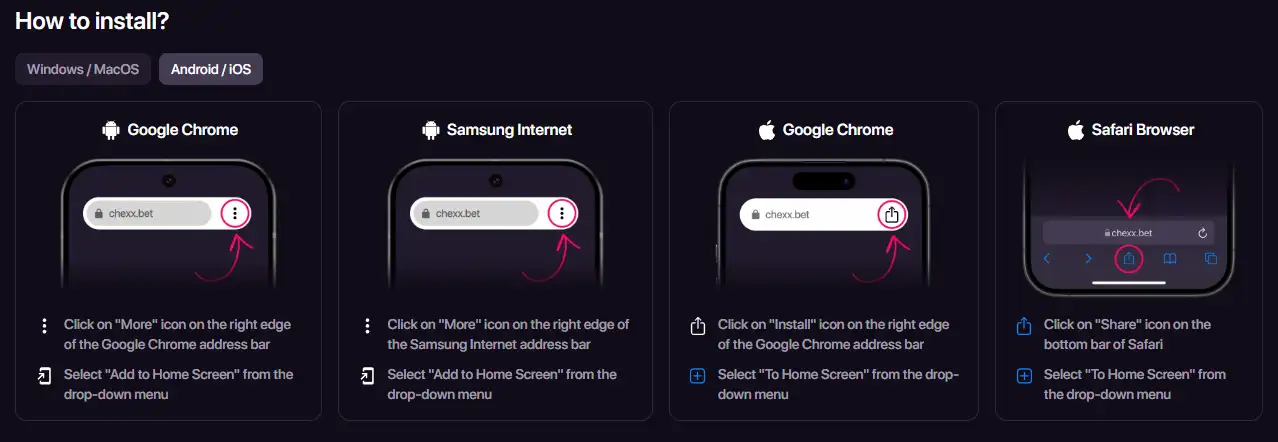 CHEXX PWA installation screen on a mobile device