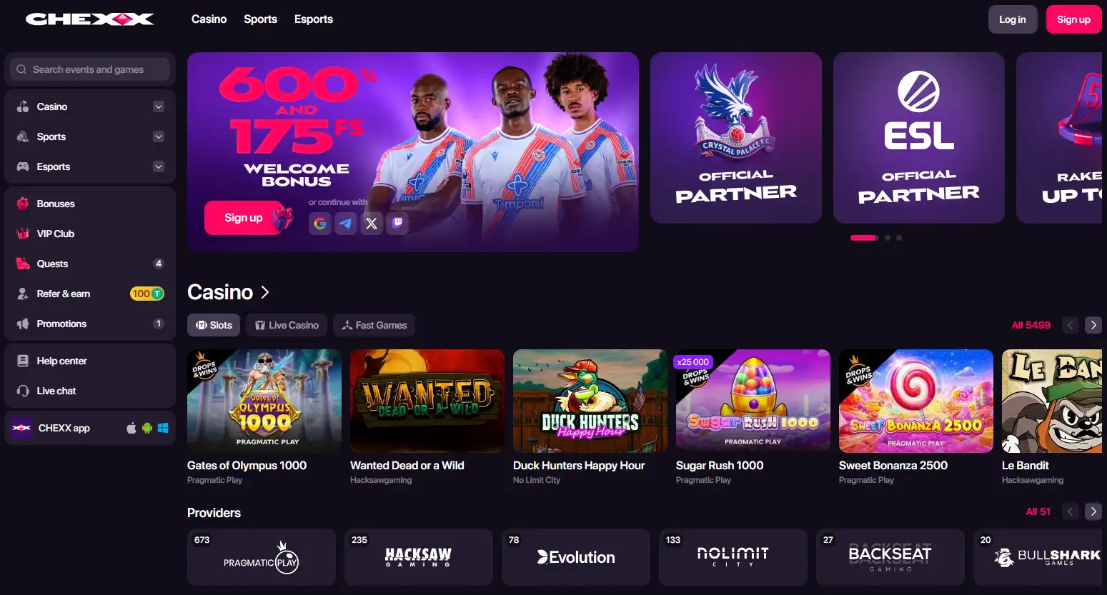 CHEXX homepage and casino interface